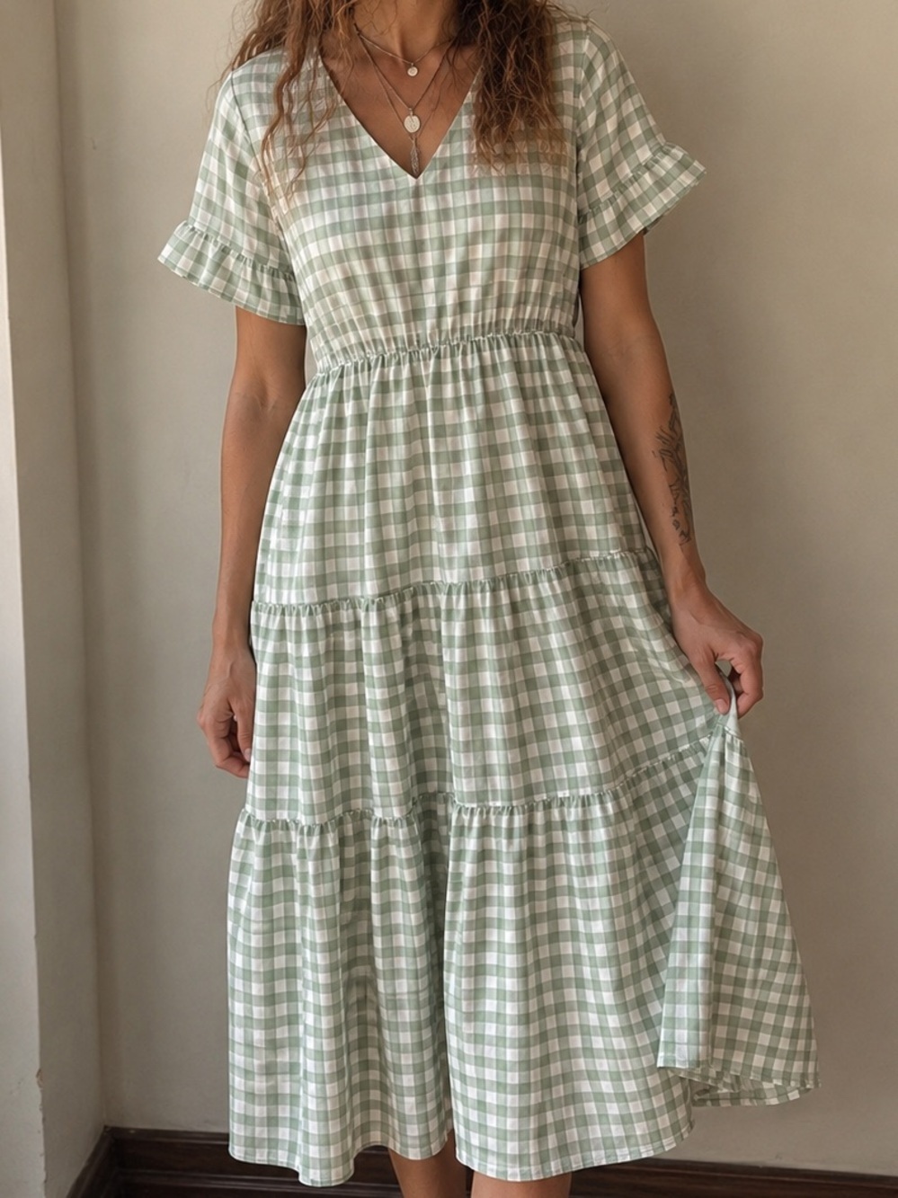To My Lovers Sage Green Gingham Cotton Tiered Midi Dress Small NWT